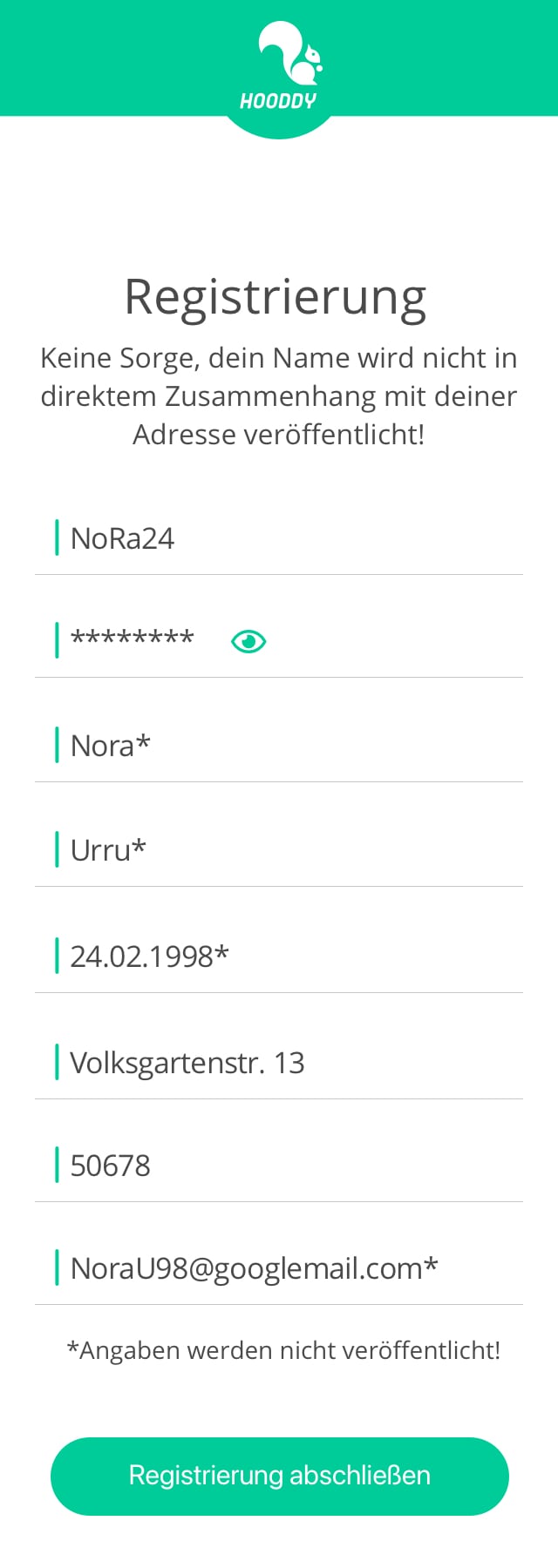 Registrierung Screenshot der App