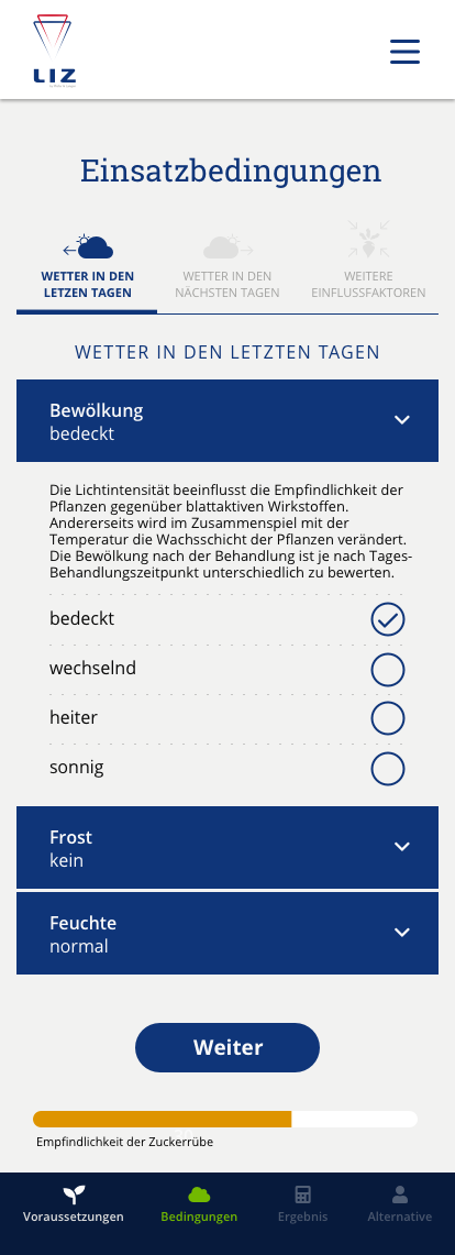 Einsatzbedingungen Screenshot der App
