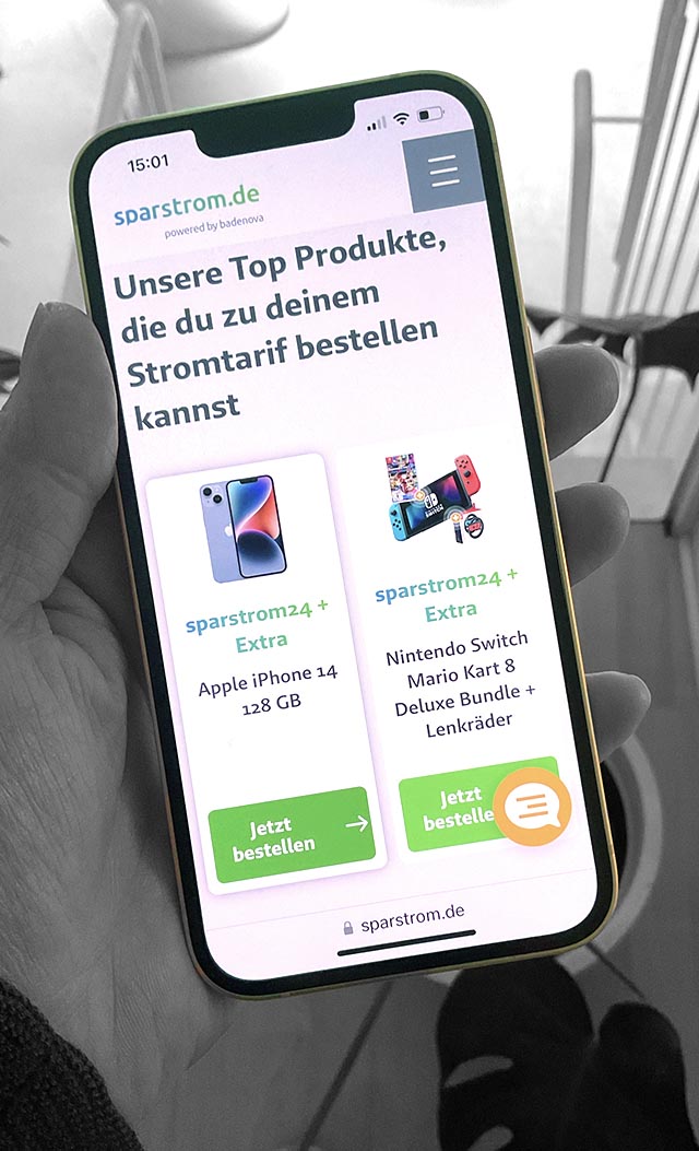 sparstrom Website Screenshot von einer sparstrom Produktübersicht auf einem Smartphone