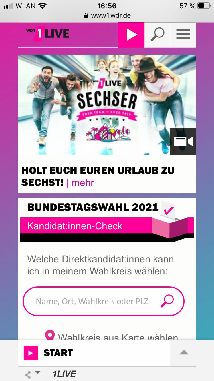 WDR KandidatInnen Check 1 live mobile Screenshot der mobilen Website 1live