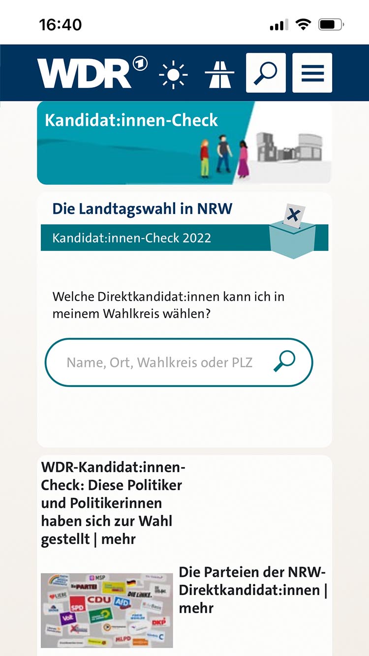 WDR KandidatInnen Check mobile Screenshot der mobilen Website